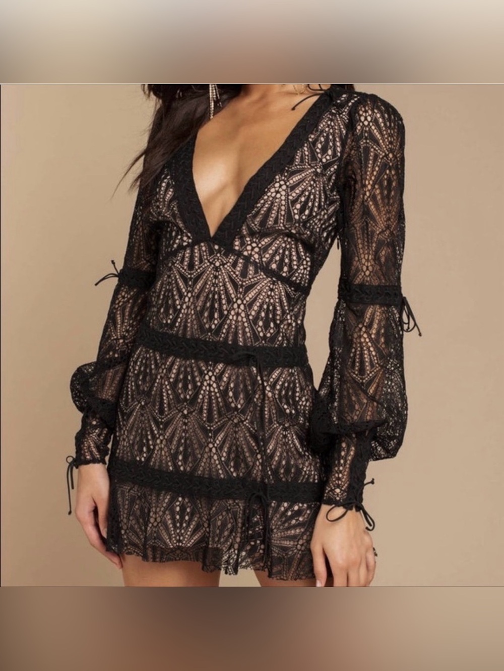 For Love And Lemons Black Lace V-Neck Mini Dress - S bright lights long sleeve
